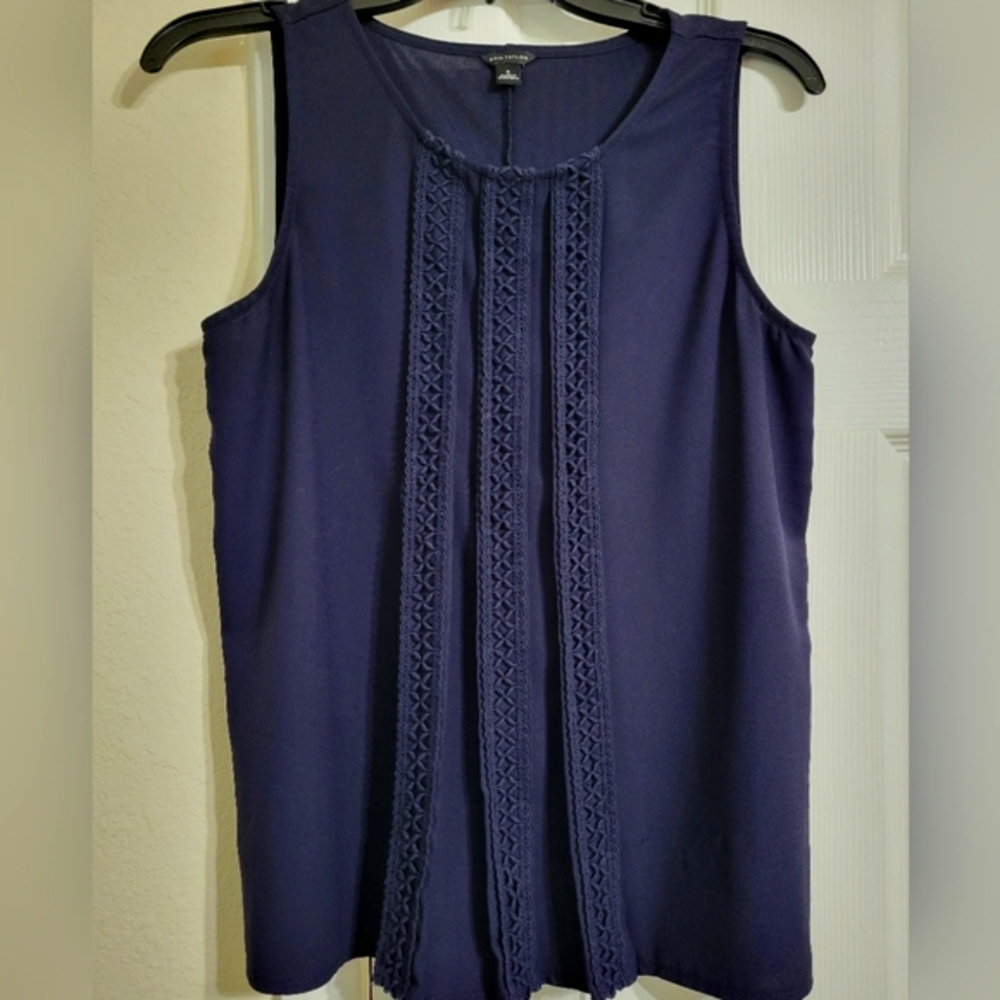 Ann Taylor Sleveless Women's Dark Blue Flowy Braided Pleated Blouse Top•Small